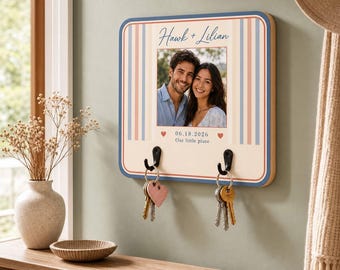 Personalized Wooden Key Holder, Striped Couple Photo Plaque, Anniversary Home Decor