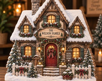 Personalized 2D Wooden Block: Christmas Cottage Family Name Sign, Snowy House Holiday Decor
