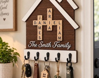 Personalized 2-Layer Wooden Key Holder:  House Shape Wall Organizer Family Name