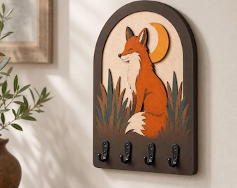 Wooden Fox Key Holder for Wall: Woodland Crescent Moon Entryway Decor