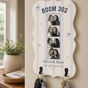 Personalized Wooden Key Holder: Roommate Photo Strip, Preppy Striped Dorm Decor