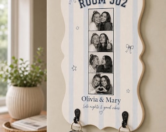 Personalized Wooden Key Holder: Roommate Photo Strip, Preppy Striped Dorm Decor