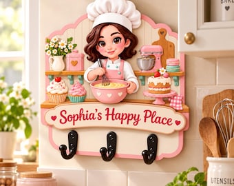 Personalized 2-Layer Wooden Holder: Baking Kitchen Wall Organizer with Three Hooks