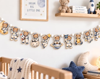 Wooden Space Bear Garland: Astronaut Teddy, Moon, Planet Nursery Wall Decor