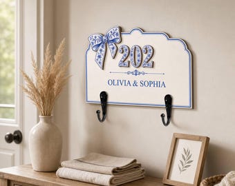 Personalized Wooden Key Holder, Blue Chinoiserie Bow Dorm Room Sign