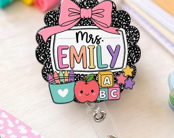 Personalized Teacher Badge Reel: Custom Rainbow Name ID Holder, Retractable Clip