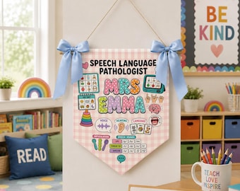 Personalized Classroom Pennant, Speech Language Pathologist Pink Gingham Therapy Room Decor