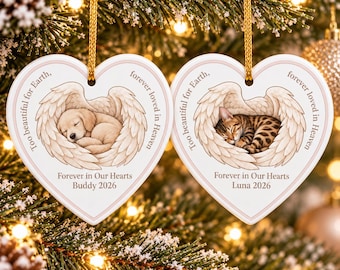 Personalized Ceramic Ornament: Heart Ornament Angel Wing Pet Memorial Christmas Tree Decor