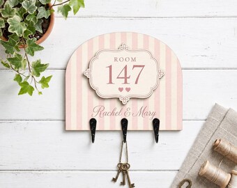 Personalized Wooden Room Key Holder: Pink Striped Dorm Plaque