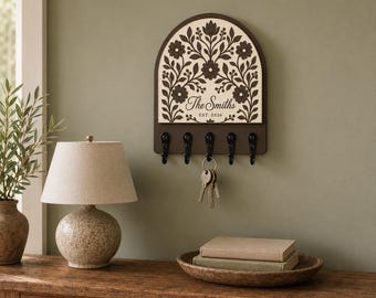 Personalized Wooden Key Holder, Arched Floral Family Name Entryway Organizer