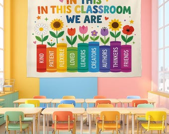 Personalized Classroom Tapestry, Teacher Wall Decor, Flower Book Theme, Class Values Design