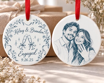 Personalized Ceramic Ornament: Engagement Portrait Round Christmas Tree Decor
