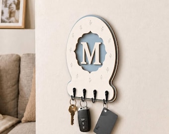 Personalized Wooden Key Holder, Blue Cream Monogram Entryway Organizer