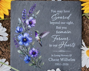 Personalized Garden Stone, Memorial Outdoor Decor, Floral Hummingbird Design