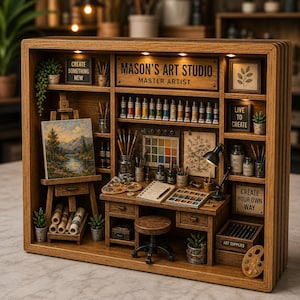 May include: A wooden miniature art studio diorama featuring a desk, stool, easel with a landscape painting, paint tubes, brushes, and shelves. Signs read "Mason's Art Studio Master Artist," "Create Something New," "Live to Create," and "Create Your Own Way."