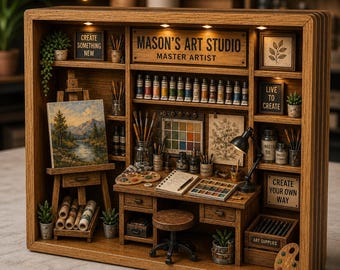 Personalized Wooden Block: Artist Studio Diorama Paint Easel Brush Palette Desk Decor
