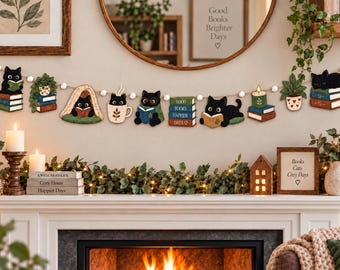 Wooden Cat Book Garland: Cozy Reading Black Cat Bookshelf Mantel Decor