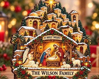 Personalized Wooden Block: Nativity Christmas Village Holy Family Tabletop Decor