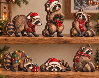 Personalized Wooden Wooden Block Set: Christmas Raccoon Woodland Winter Tabletop Decor