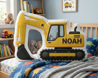 Personalized Excavator Plush Pillow: Custom Name Print, Yellow Construction Vehicle Shape Cushion