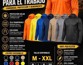 May include: A long-sleeve hooded shirt made of 100% polyester, available in black, gray, navy, khaki, blue, red, orange, and yellow. The shirt features a hood, long sleeves, and a lightweight, breathable fabric designed for various work environments.