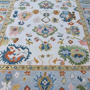 Hand Knotted Oushak Rug | Pastel Turkish Oriental Carpet | Vintage Style Wool Area Rug | Light Blue & Multicolor Traditional Handmade Rug