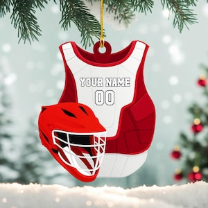 Enfeite de lacrosse personalizado, decoração de Natal com nome e número personalizados para goleiro, enfeite esportivo vermelho e branco para presente