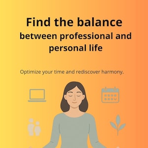 Peut inclure: Illustration avec le texte « Trouvez l'équilibre entre vie professionnelle et vie personnelle ». Une femme médite avec un ordinateur portable, un calendrier et d'autres icônes. Le fond est un dégradé de jaune et d'orange.