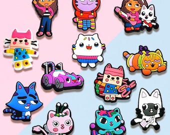 12 Pcs Cute Cat Friends Shoe Charms Set | Colorful Cartoon Kitty Characters for Clogs | Fun Party Favors for Kids | PVC Animal Charms