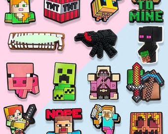 15 Pcs Pixel Block Style Shoe Charms | Cute Adventure Gaming Charms for Clogs | Fun Characters, Creatures & Tools | Kids Gifts Accessories