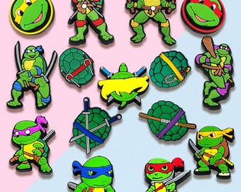 15PCS Cute Green Turtle Warrior Shoe Charms – Cartoon Ninja Style Accessories for Clogs – Fun Shell Hero Shoe Decorations – Kid & Adult Gift