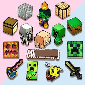 May include: A collection of colorful Minecraft-themed charms. The charms feature various characters and objects from the game, including a Creeper, a zombie, a pig, and a sword. The charms are in a variety of shapes and sizes.