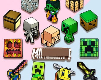 15 Pcs Game Shoe Charms – Block-Style Creeper, Bee, Skeleton, Tools & Mobs Inspired Accessories for  Clogs, Kids Gift, Gamer Party Favors