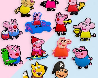 Juego de 13 adorables dijes para zapatos de familia de animales. Dijes inspirados en cerdos y amigos para zuecos. Accesorios divertidos para zapatos de niños. Idea de regalo de cumpleaños.