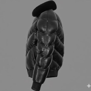 May include: Black leather puffer jacket with a black faux fur collar. The jacket has a quilted design, ribbed cuffs, and a ribbed hem. The jacket is a medium weight and appears to be a winter coat.