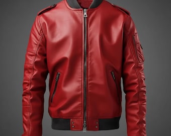 Handmade Red Leather Bomber Jacket – Genuine Men’s Motorcycle Winter Outerwear