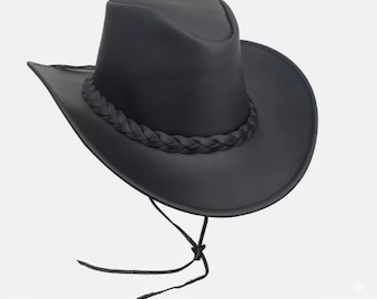 Leather Cowboy Hat Wide Brim & Outdoor Style Western Outback Hat with Chin Strap