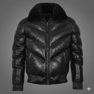 May include: Black leather bomber jacket with a black fur collar. The jacket has a quilted design, ribbed hem and cuffs, and a front zip. This stylish outerwear is designed for warmth. The jacket is a classic design.