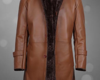 Men’s Shearling Leather Coat – Long Winter Overcoat, Classic Handmade Heavy Duty Warm Outerwear