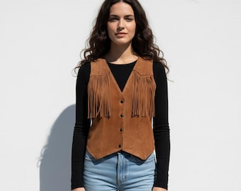 Women’s Suede Fringe Vest Western Boho Waistcoat, Vintage Cowgirl Button Vest, Brown Leather