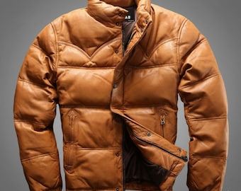 Handmade Brown Leather Puffer Jacket: Quilted Winter Coat