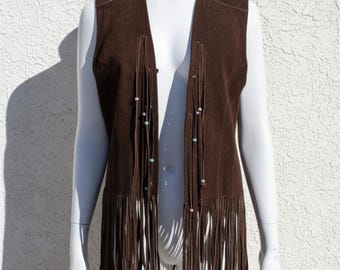 Bruin suède vest met franje voor dames, western cowgirl bohovest met kralen, vintage boho-outfit