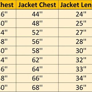 May include: A jacket size chart with measurements in inches. The chart displays sizes from Small to 6X-Large, detailing body chest, jacket chest, jacket length, and jacket sleeve measurements. The text is in a yellow table.