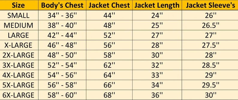 May include: A jacket size chart with measurements in inches. The chart displays sizes from Small to 6X-Large, detailing body chest, jacket chest, jacket length, and jacket sleeve measurements. The text is in a yellow table.
