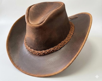 Vintage Brown Leather Cowboy Hat Wide Brim Western Outback Ranch Style for Men and Women