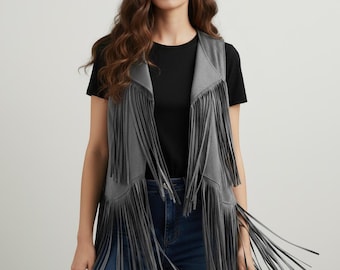 Women’s Fringe Leather Vest – Western Boho Cowgirl Outfit, Festival Waistcoat, Handmade Vintage Look