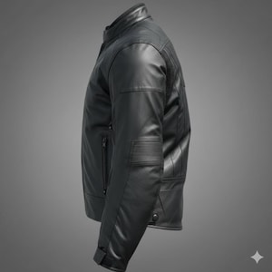 May include: A black leather jacket with a stand-up collar, zipper closure, and ribbed detailing on the sleeves. The jacket has a sleek, modern design, suitable for various occasions. The jacket is made of a smooth, textured leather material.