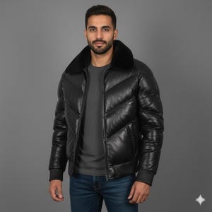 Leather puffer jacket, Genuine handmade Shearling Collar – Men’s Winter Outerwear image 1