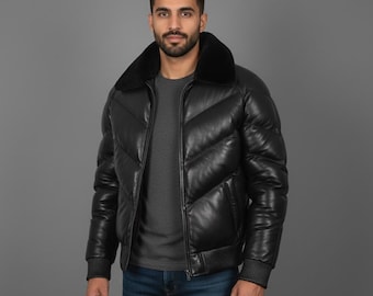 Leather puffer jacket, Genuine handmade Shearling Collar – Men’s Winter Outerwear