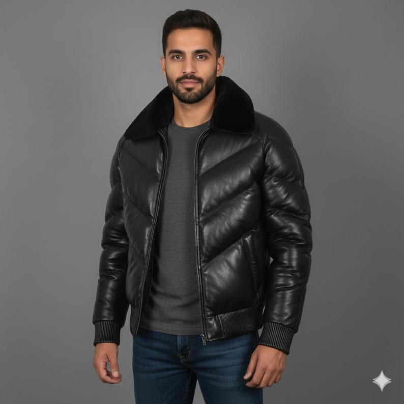 Leather puffer jacket, Genuine handmade Shearling Collar – Men’s Winter Outerwear image 1